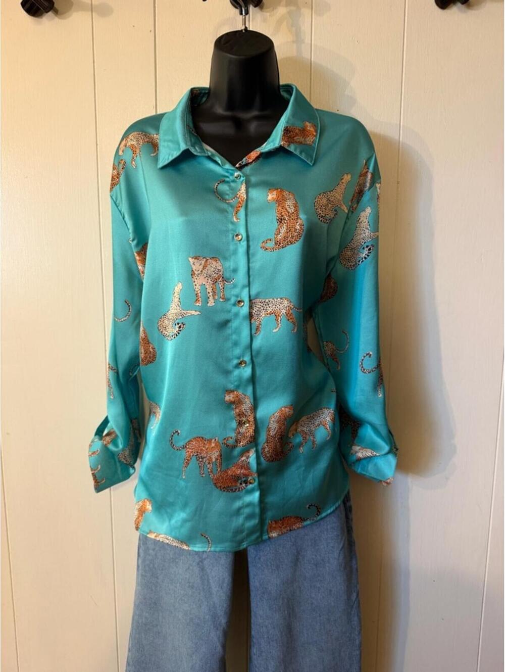 Umgee Teal Blouse with Subtle Animal Print